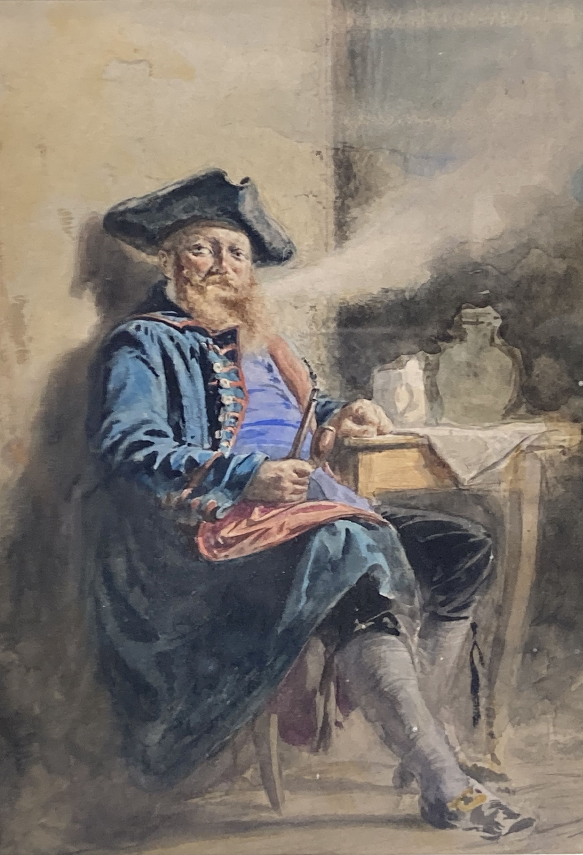 F.W.H circa 1900, pair of watercolours, 17th century sea captain and gallant, one initialled, 31 x 22cm.